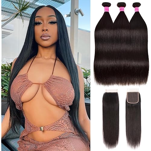 Brazilian Straight 3 Bundles with Closure 100% Unprocessed Virgin Human Hair Straight Hair Bundles with 4X4 Lace Closure Bundles with Swiss Lace Closure Free Part Natural Color(26 28 30+20)