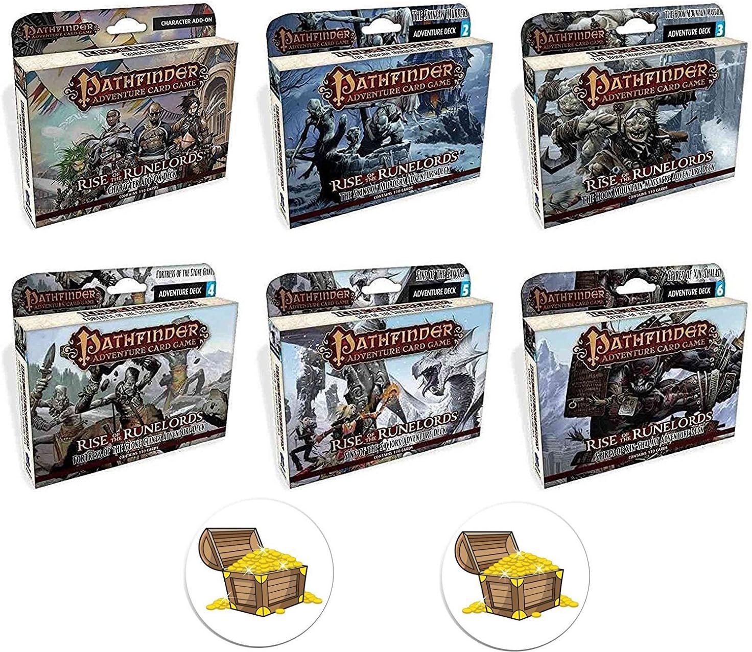 Pathfinder Bundle of All 6 Adventure Card Game Rise of The Runelords Expansion Decks Plus 2 Treasure Chest Buttons