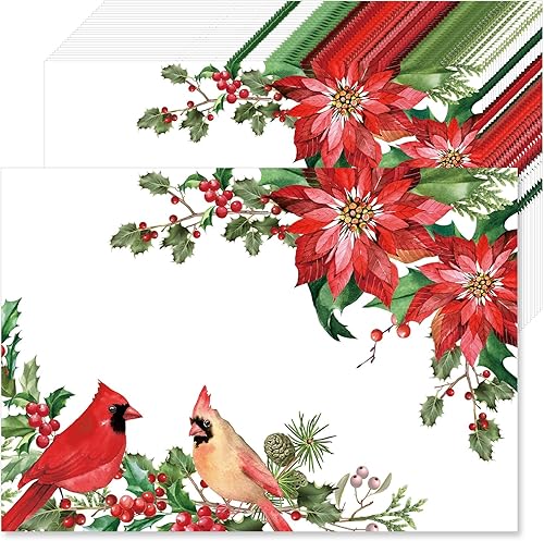 100 manteles individuales de papel de Navidad, 11 x 16 pulgadas, acuarela, rojo, flor de pascua, mantel de Navidad de invierno, pájaros cardenales,