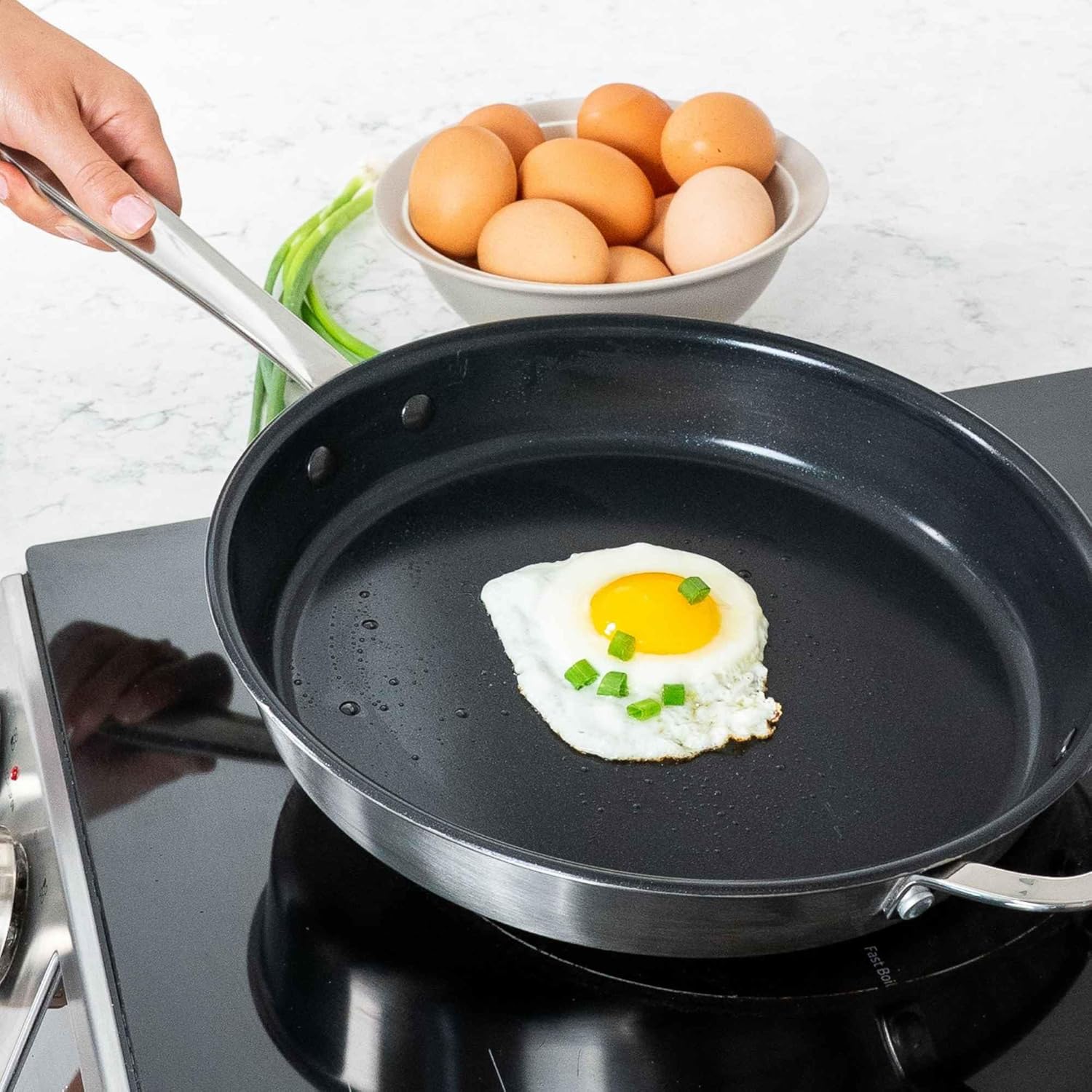 alva maestro ceramic nonstick frying pan set, 3-piece stainless steel skillet set, pfas-free, 5-ply, induction compatible, oven safe to 400°f, 8 inch, 9.5 inch & 11 inch fry pans 3-piece set (8-inch, 9.5-inch, 11-inch) pan