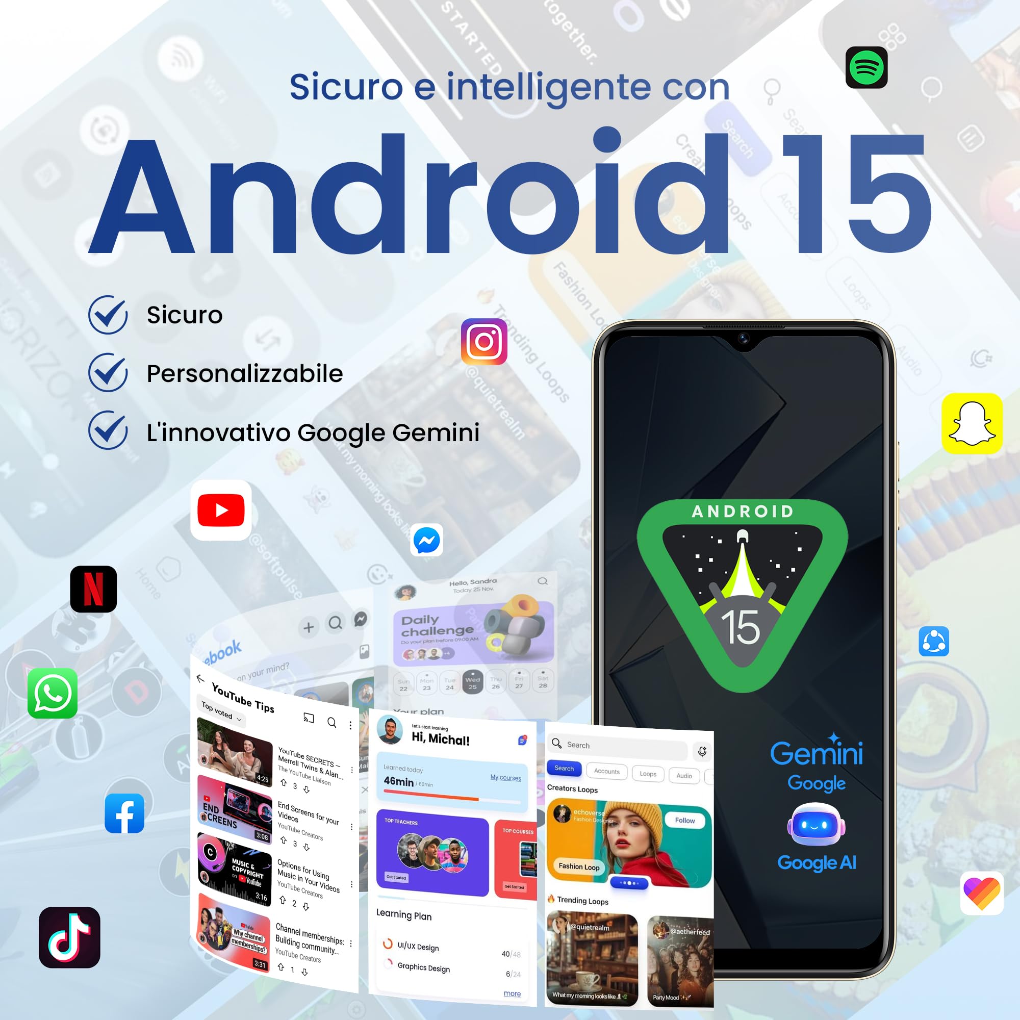 A12 Android 15 Telefono Cellulare, 12GB+128GB/1TB TF, 6.9" HD+Schermo/120Hz Smartphone, Octa-Core, Batterie 6500mAh, Caméra AI 13MP/Widevine L1/OTG/Dual Nano SIM/Face ID
