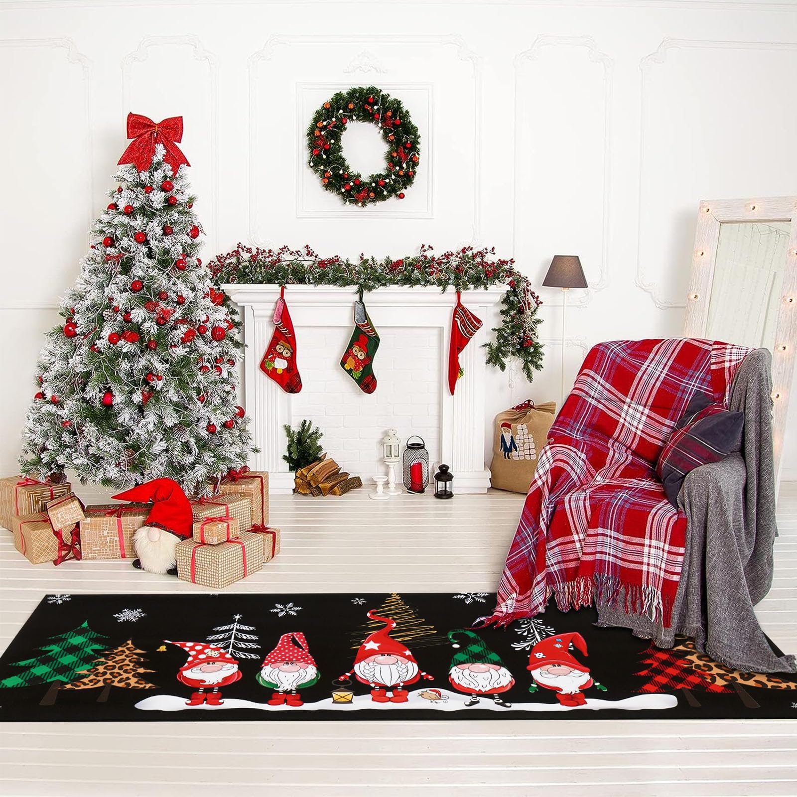 FRAMICS Weihnachtsläufer Teppich – Winter-Schneeflocken Design, Rotes Büffelkaro, 50x152 Cm, Rutschfeste Gummiunterseite, Waschbar