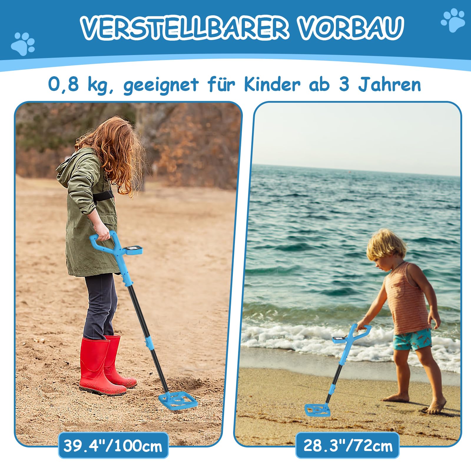 Metalldetektor Kinder, OMMO USB Wiederaufladbarer Metalldetektor mit Lustigem LCD-Display, 72-100cm Verstellbarer Leichter Metalldetektoren für Kinder, Erkundung im Freien, Azure