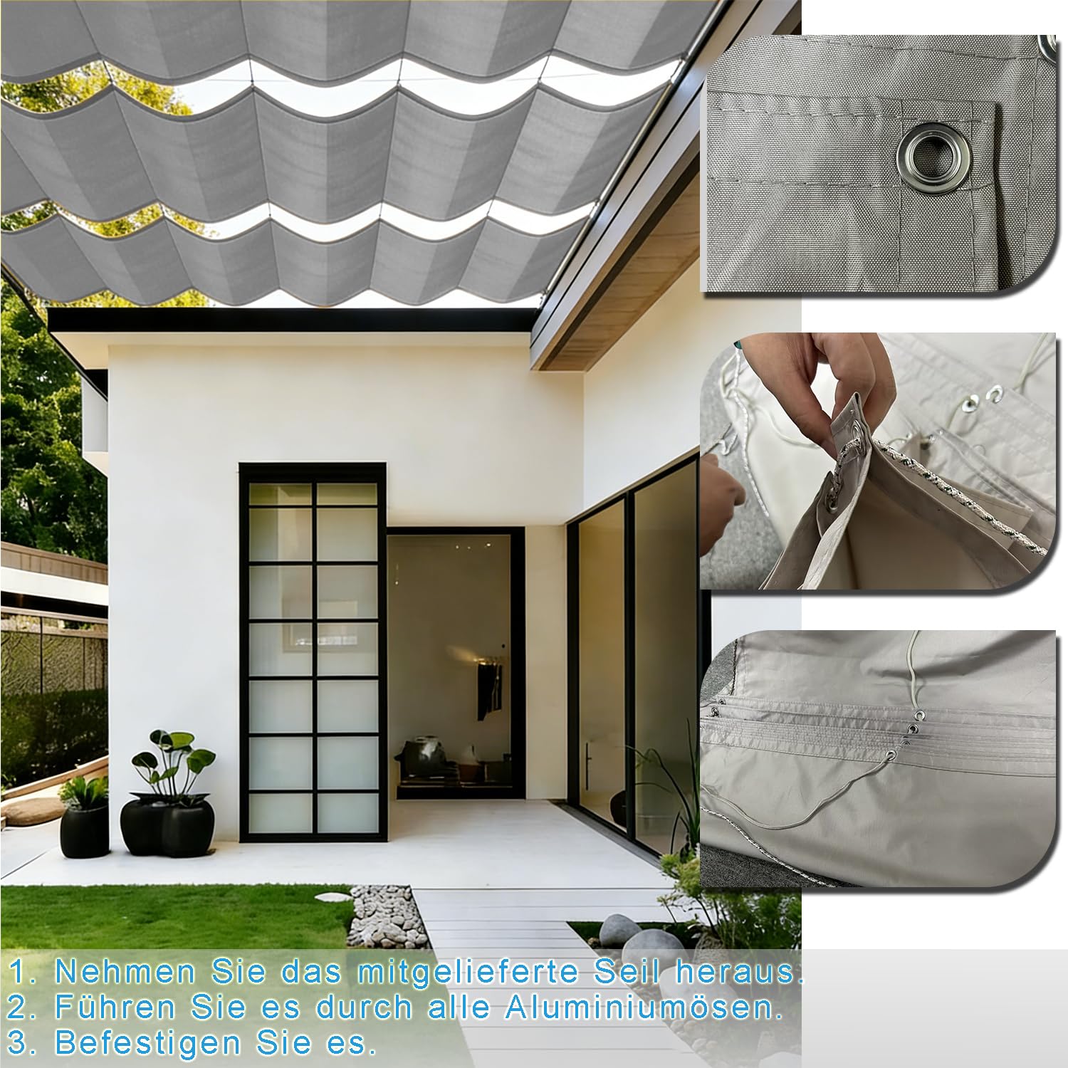 einziehbar sonnensegel 1.5x5m Verstellbar Sonnenschutz Terrasse Anpassung Multi 13 Farbe und Größe Geeignet für Außenbereiche wie Garten und Balkone,TerrasseHellgrau