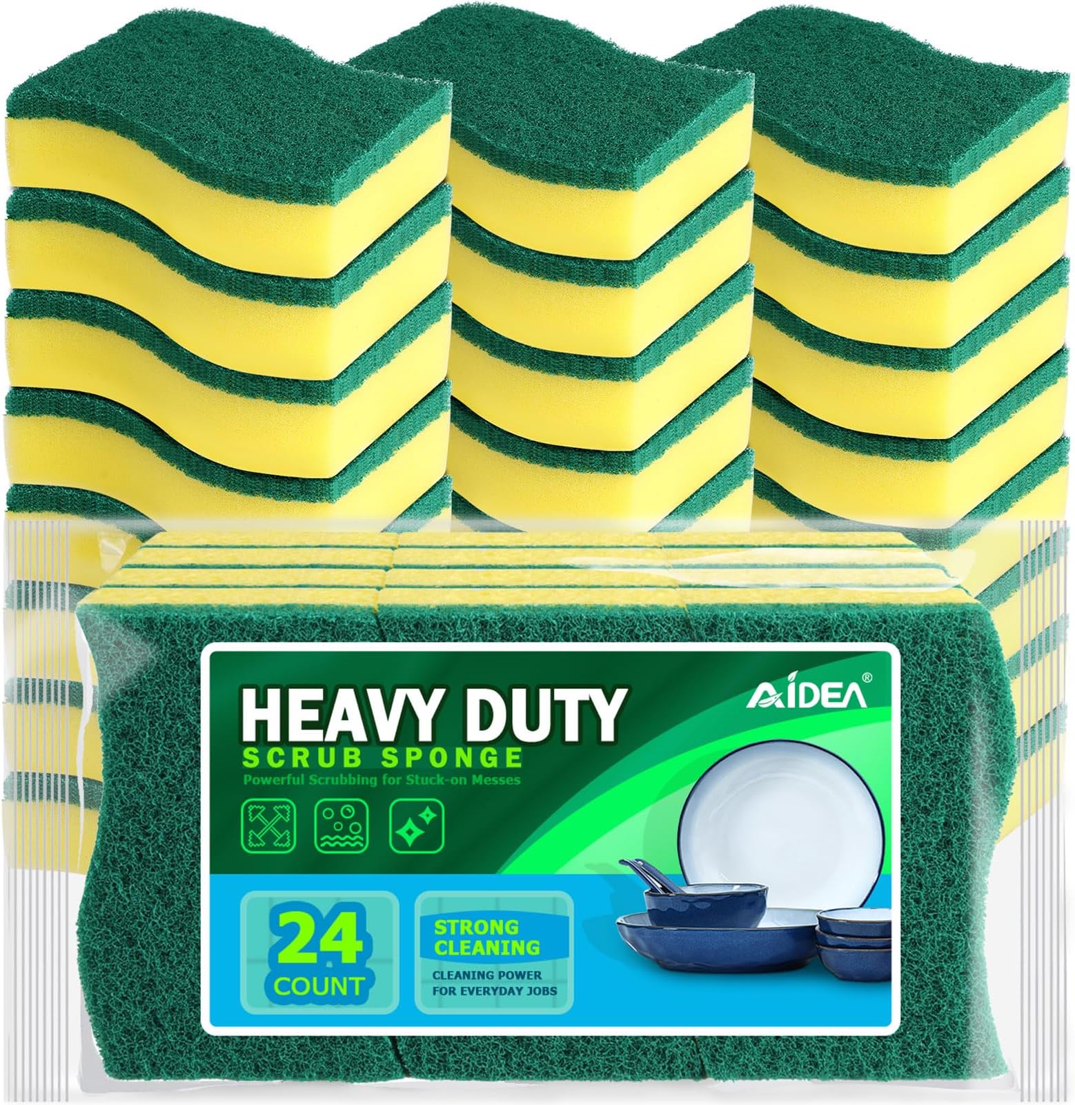 AIDEA Heavy Duty Scrub Sponge Washing Up Pack of 24, Cleaning Scrub Sponge, Stink Free Dual-Sided Dishwashing Sponge, Effortless Cleaning Eco Scrub Pads for Dishes,Pots,Pans All at Once