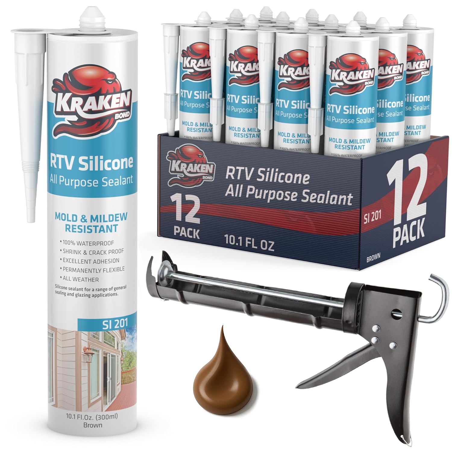 Kraken Bond Brown Silicone Sealant Waterproof%100-10 fl oz Cartridge - RTV Silicone Caulk Bathroom and Kitchen, All Purpose, Window Caulking Sealant Outdoor, RV, Exterior Use Silicon - 12 Pack