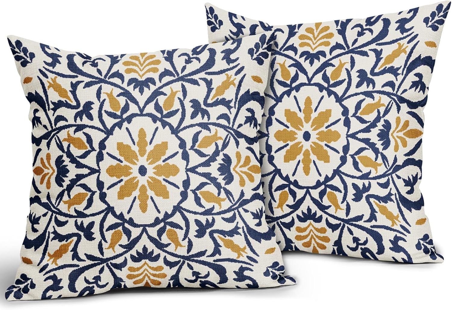 Navy Blue Yellow Boho Pillow Covers 18 X 18 Inch Bohemian Ethnic Carpet Style Vintage Flower Print Decorative Throw Pillows Outdoor Linen Cushion Case Farmhouse Decor for Home Sofa Bed Set of 2 - Image 2