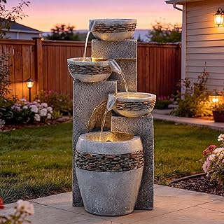 19.5" Tall 4-Tier Pedestal Outdoor Water Fountain with LED Lights and Pump, Relaxing Garden Fountain Waterfall for Patio, Porch, or Yard