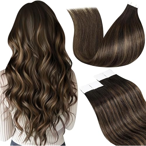 LaaVoo Ombre Hair Extensions Tape in Brown Human Hair Extensions Tape in Darkest Brown Mix Light Brown Tape in Hair Extensions Human Hair Real Silky Straight 20 Inch 20pcs 50g