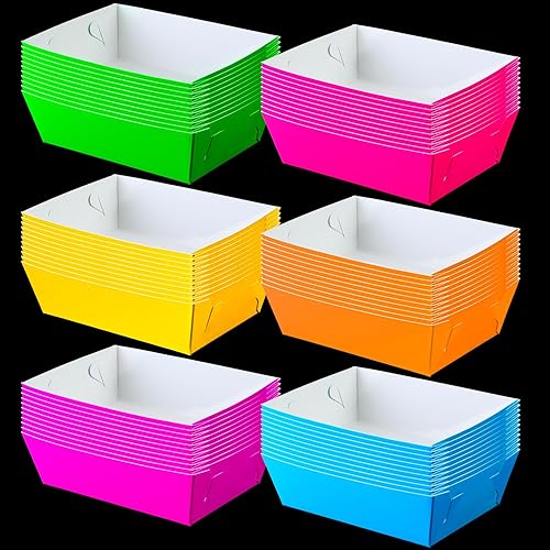 Hoolerry 48 bandejas de papel neón para fiestas, botes de aperitivos para dulces, palomitas de maíz, nacho, cuenco para servir perros calientes para
