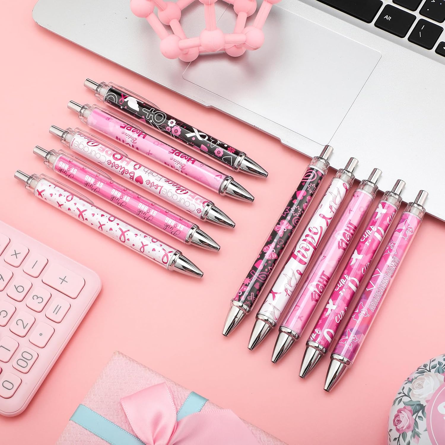 Tenceur 100 Pcs Breast Cancer Pens Pink Ribbon Ball Point Pens Breast Cancer Awareness Accessories Powerful Words Retractable Pens Bulk for Women Girls Office Charity Gift Supplies