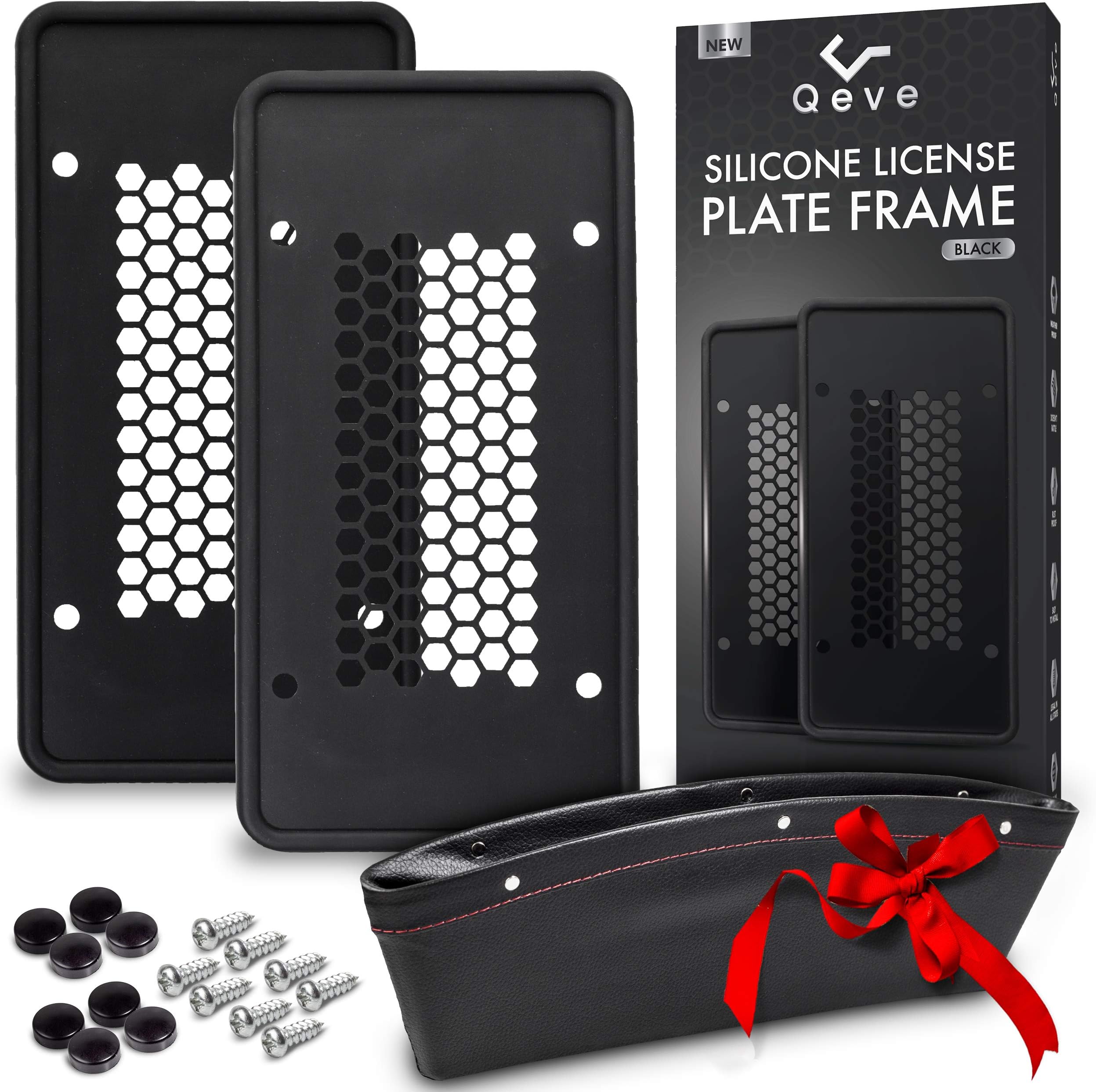 Silicone License Plate Frames, 2 Pack Durable Car Tag Holders with 8 Screws & Screw Covers, Won't Scratch, Rattle, Rust, or Break, Bonus Car Seat Filler by Qeve
