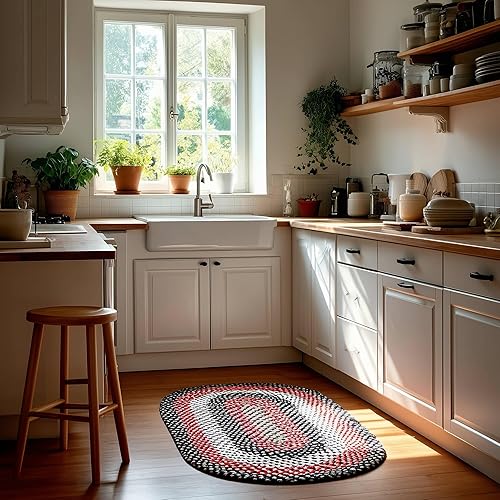 Miniatura 3 de Super Area Rugs Alfombra trenzada ovalada ovalada de 2 x 3 pies, color negro, rojo y marrón, para cocinas y baños estilo granja