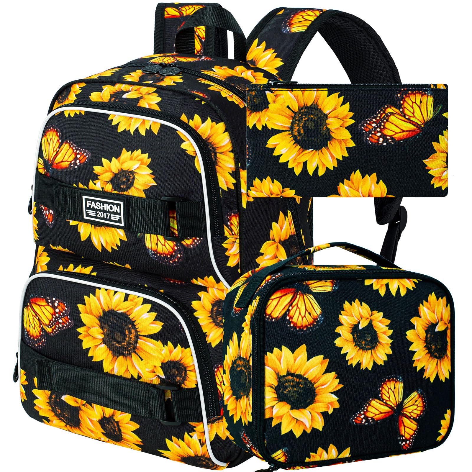 FTJCF 3Pcs Backpack for Girls Women, 17 Inches Sunflower Laptop Backpacks with Lunch Bag, Water Resistant College School Bookbag Set for Teens