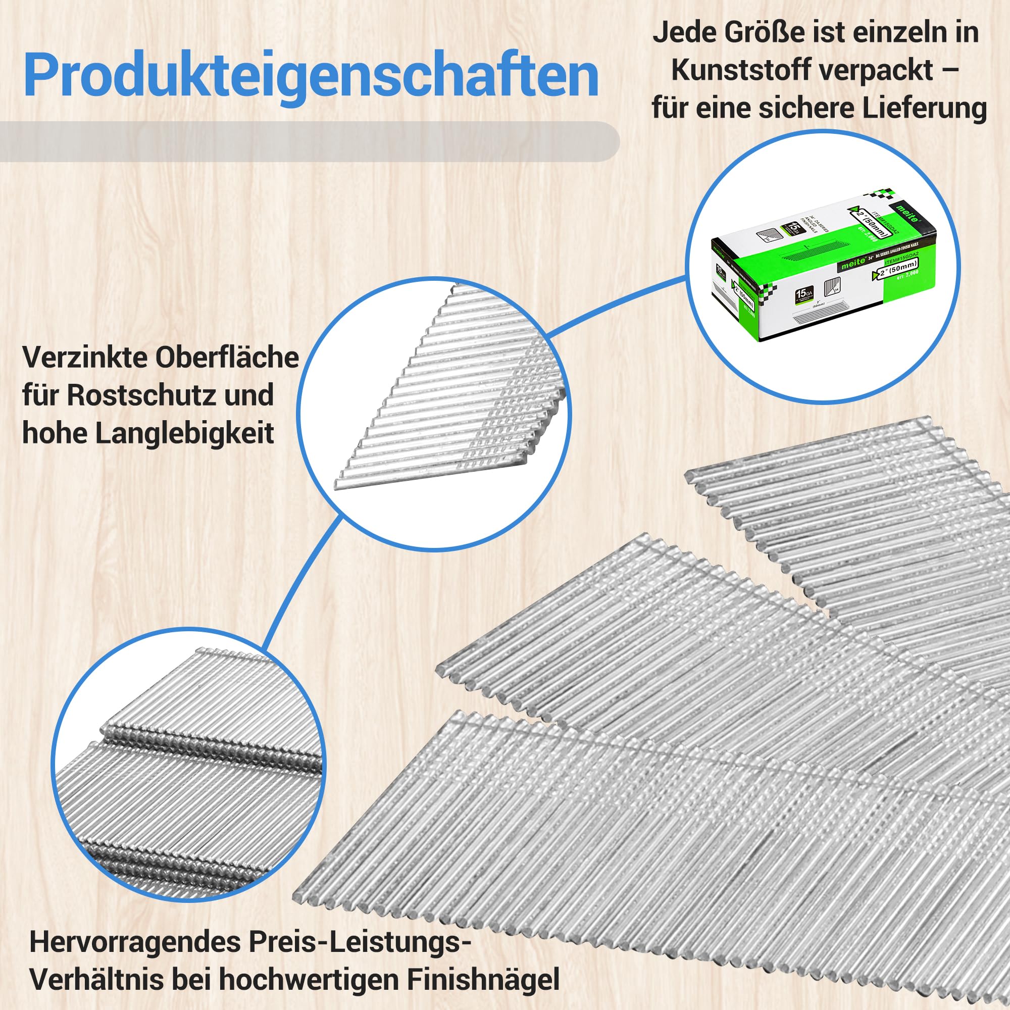 meite Gewinkelte Stauchkopfnägel 15 Gauge 50 mm, 34 Grad Typ DA Finishnägel, Verzinkt Nägel für Nagelpistole, Ideal für Fensterrahmen, Schrankbau & DIY-Projekte (2.000 Stück)