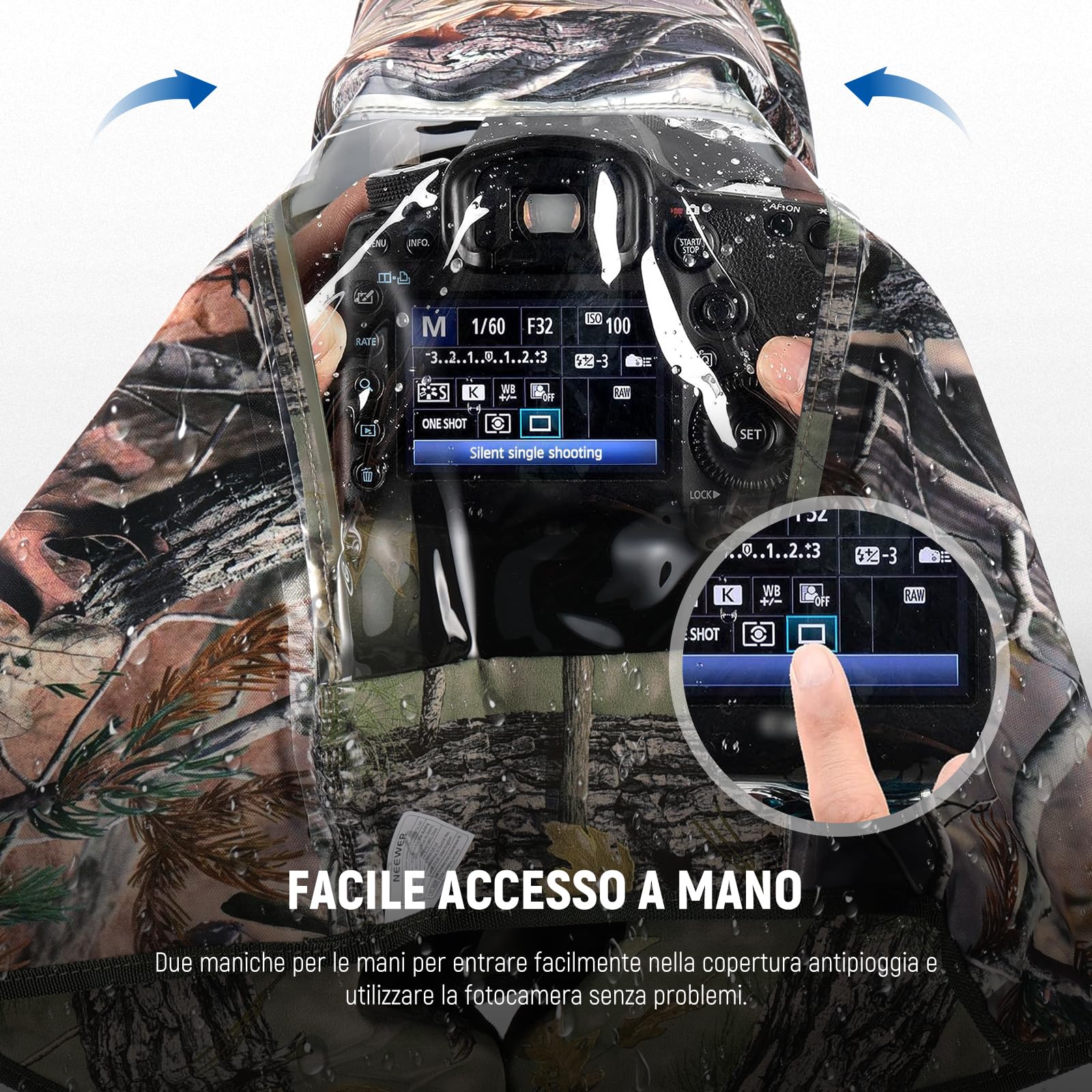 Copertura Antipioggia NEEWER XL Per Fotocamere - Impermeabile Mimetico Per Canon, Sony, Nikon, Fujifilm E Obiettivi Fino A 800mm - Foto 7