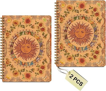 2Packs Retro, Boho Sun and Moon Spiral Notebook, Boho Gifts for Women Girls | College Ruled Retro Floral Decor Journaling Notebooks, Note Books Journals for Writing Spiral Bound Notebook Office Supplies