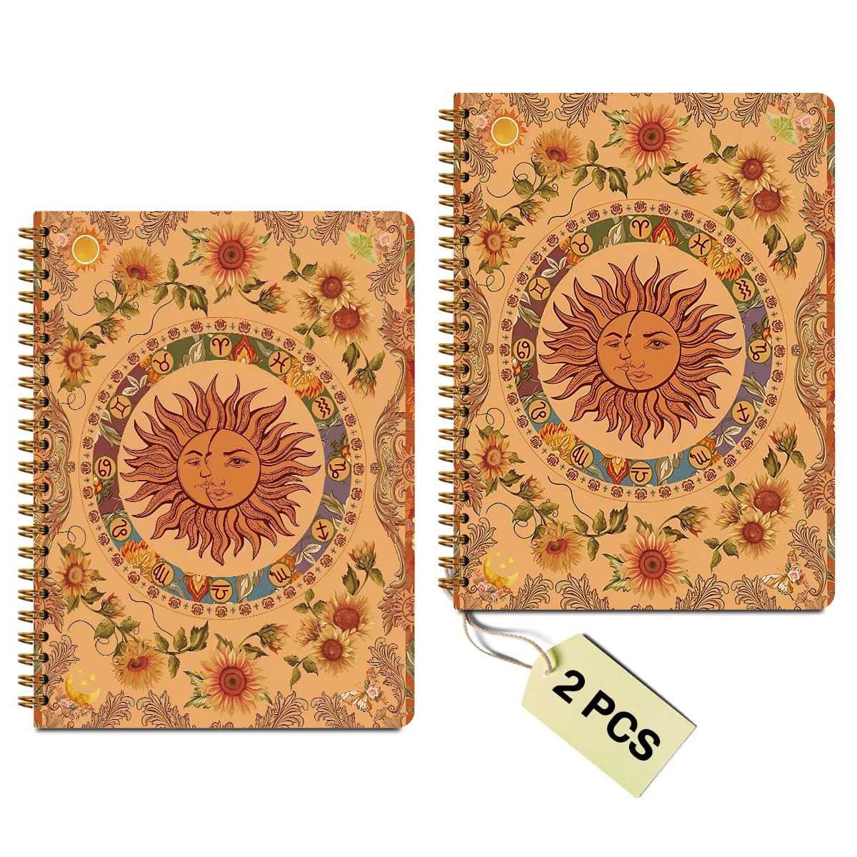 Confezione da 2 quaderni a spirale retrò, bohémien, sole e luna, a righe, retrò, decorazione floreale, quaderni per donne, ragazze, quaderni per scrivere quaderni a spirale per ufficio