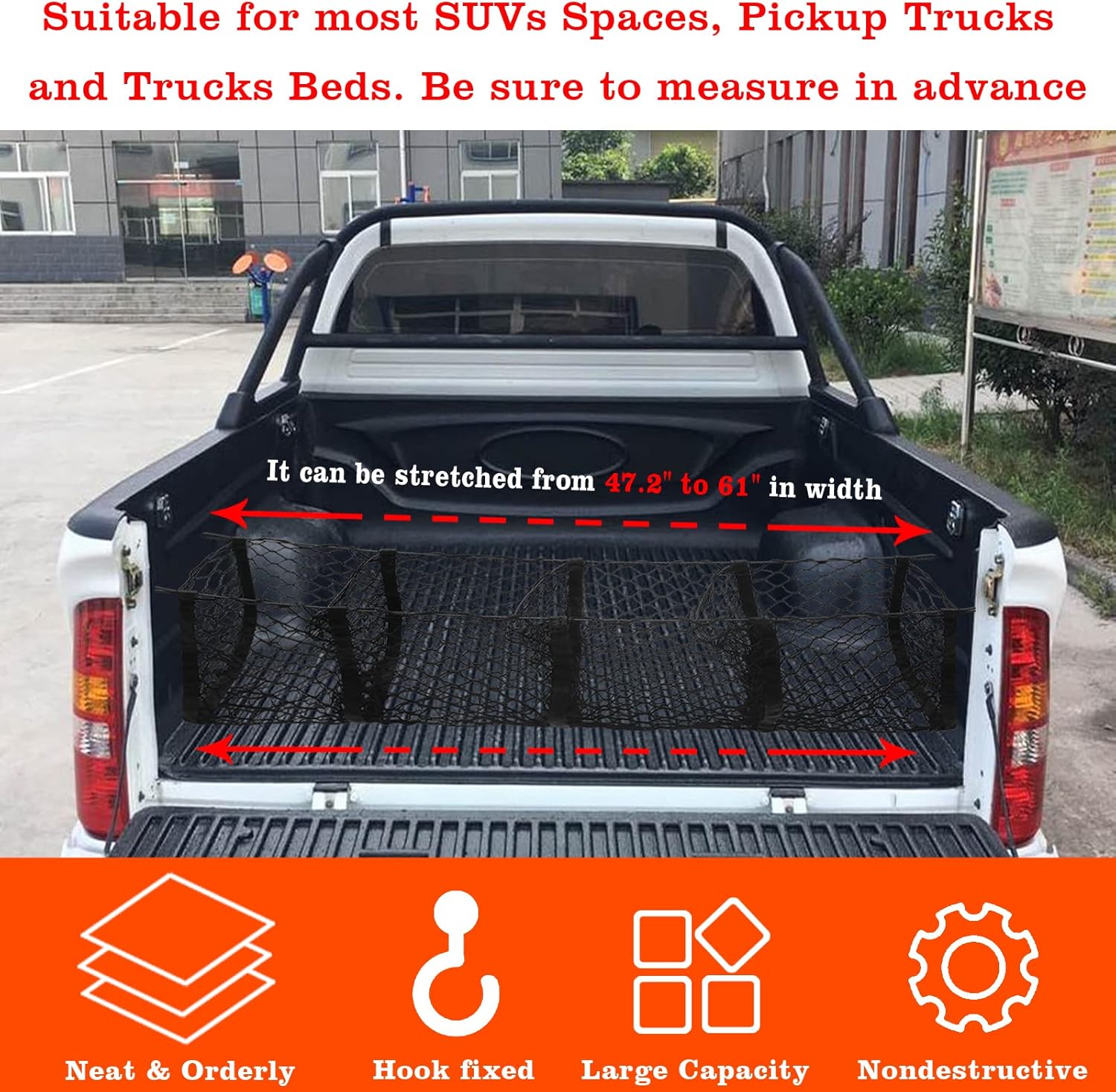 4 Pocket Truck Bed Cargo Net 47.2" x 11.8" x 11", Truck Bed Organizer with 4 Metal Carabiners,High-Capacity Trunk Storage for Most Cars and Trucks,Toyota, SUV Accessories Grocery Holder