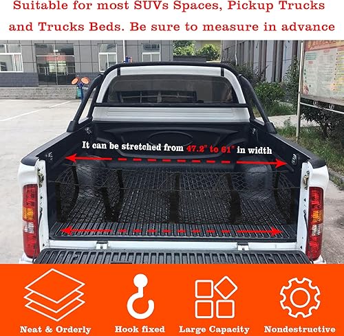 Miniatura 7 de YFZYT - Red de carga de 4 bolsillos para cama de camioneta, organizador de almacenamiento con 4 mosquetones y soportes de metal, red de