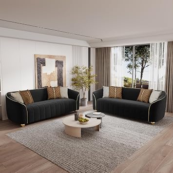 2-Piece Velvet Couch Sofa Set,85" Comfy Living Room Furniture Set 3 Seater Upholstered Sofa with Gold Legs & 8 Pillows for Home,Office Apartment