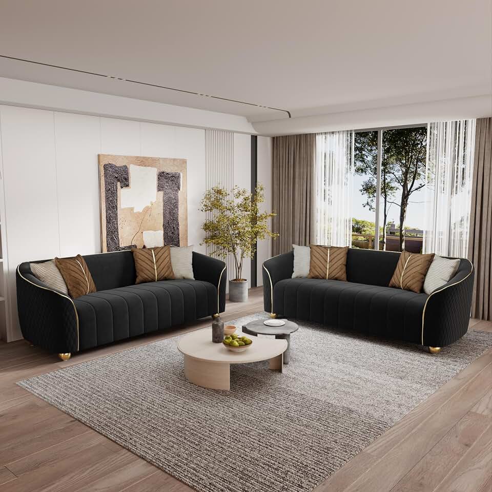 2-Piece Velvet Couch Sofa Set,85" Comfy Living Room Furniture Set 3 Seater Upholstered Sofa with Gold Legs & 8 Pillows for Home,Office Apartment