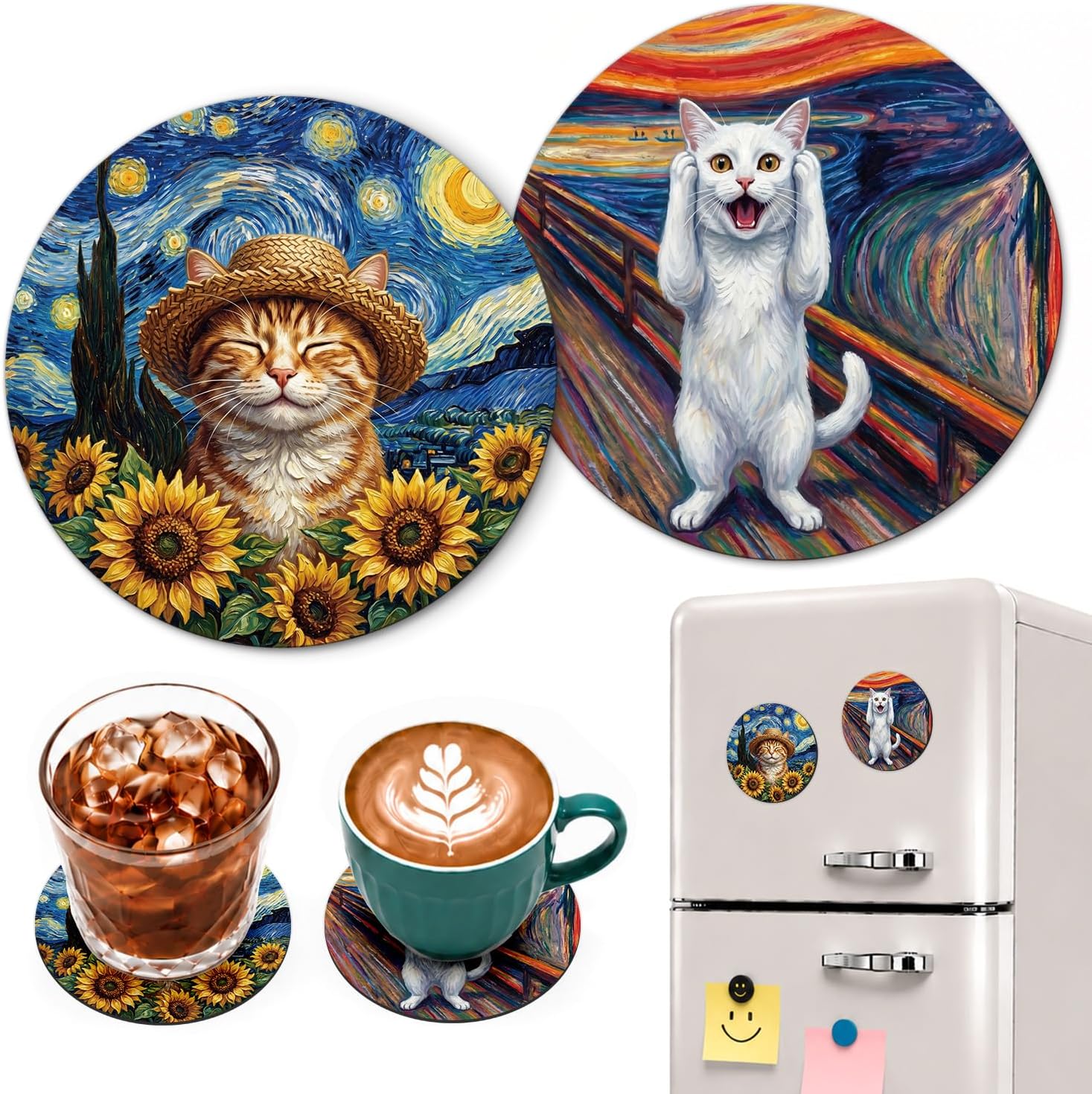 Art Cat Coasters Funny Round Magnetic Coaster Set of 2 Doubles as Fridge Magnets, for The Office Desks Home Kitchen Coffee Tea Table, Gifts for Friend BBF Coworker Cat Lovers on Birthday Housewarming