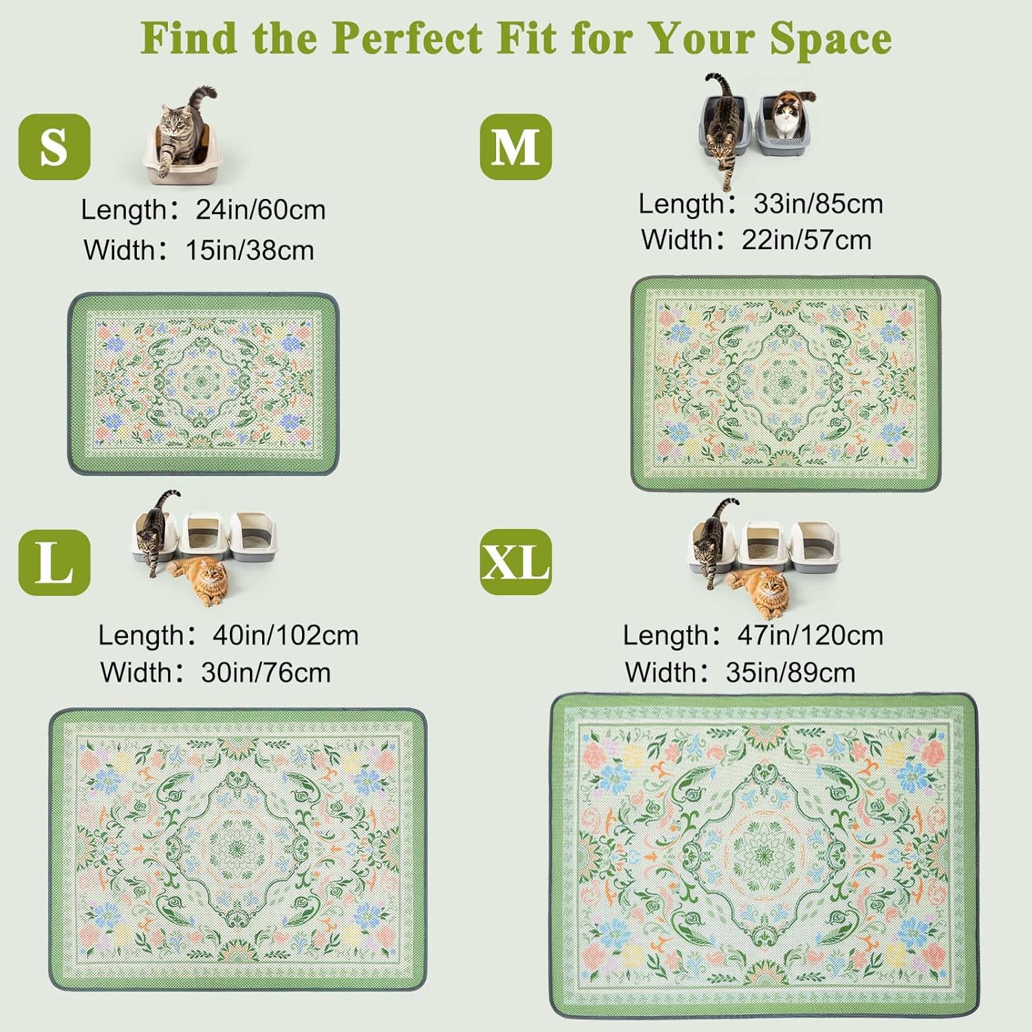 Unicorn Catcher 40X30in Cat Litter Mat Machine Washable Soft 3D Air Mesh Litter Box Rug Non-Slip Backing Quick Dry Scatter Control for Paws,Bean Green
