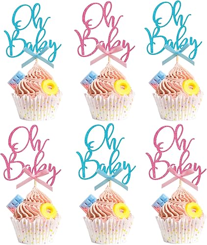 Miniatura 1 de 24 adornos para cupcakes Oh Baby Baby con lazo rosa y azul con purpurina para baby shower, revelación de género, para niños o niñas, temática de