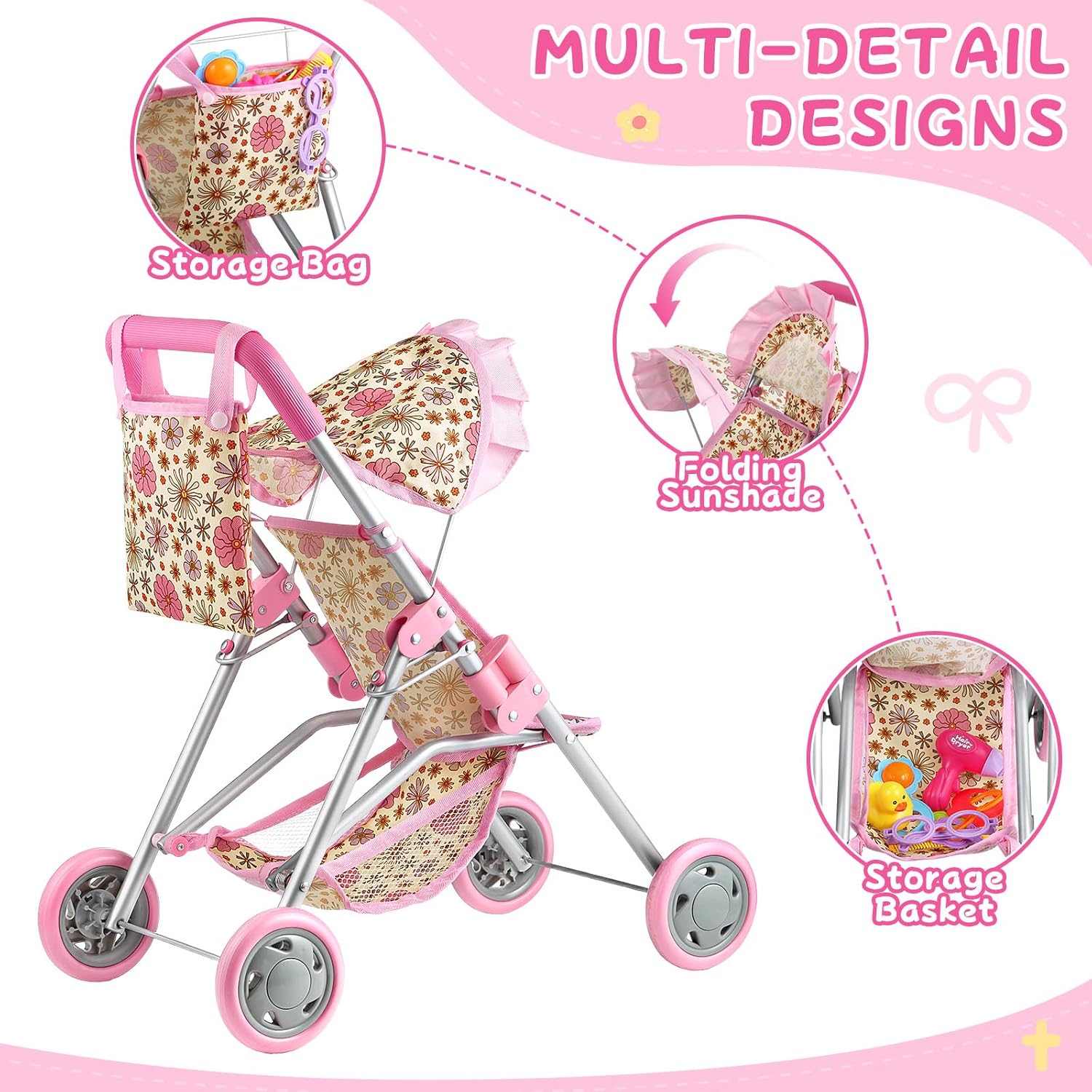 GAGAKU Baby Doll Stroller, Foldable Toy Stroller with Storage Basket and Bag, Diaper, Reborn Doll Accessories for Girls & Kids Ages 3+, Daises Pattern