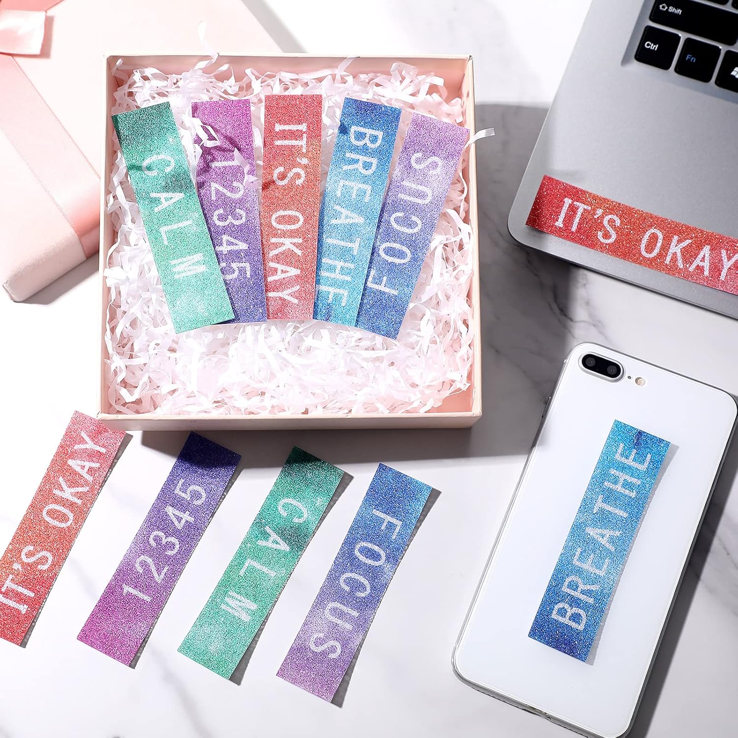 Crtiin 50 Pieces Anxiety Sensory Stickers for Anxiety Relief Calm Textured Mental Health Stickers Breathing Fidget Relief Strips for ADHD Teen Adult Office Classroom Desk Stress(Tie Dye)