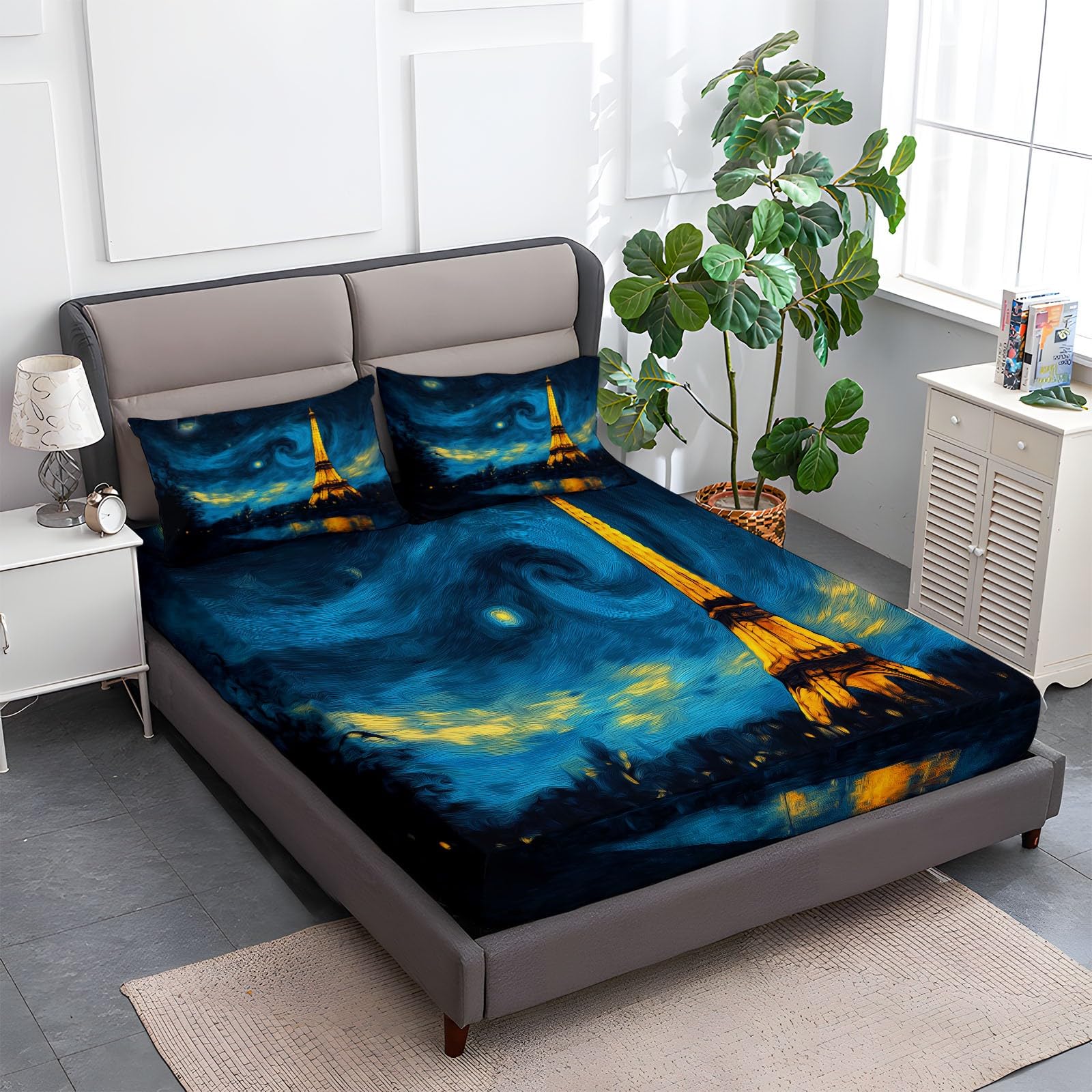 Film Notte Stellata Torre Eiffel Lenzuola con Angoli Lussuose, Blu scuro Lenzuolo con Angoli per Bambino e Adulto, 180 x 200 cm Profondità 30 cm, Lenzuola Resistenti allo Sbiadimento