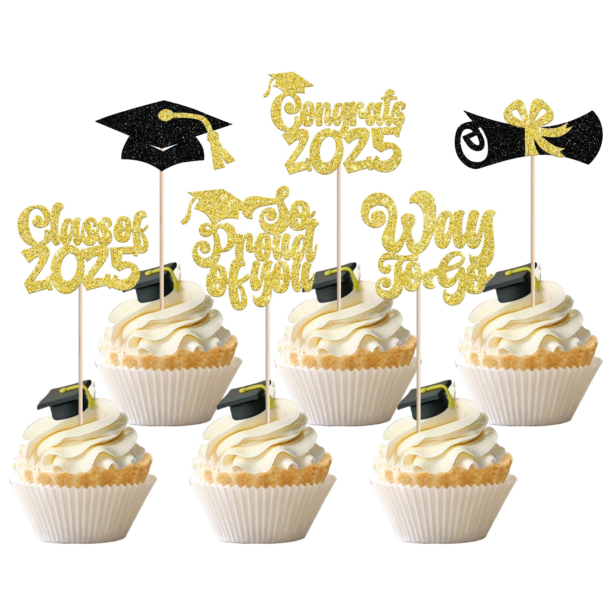 36 PCS 2025 Graduation Cupcake Toppers Glitter Diploma Congrats 2025 Graduation Cap Cupcake Picks Way to Go Class of 2025 Cake Decorations for 2025