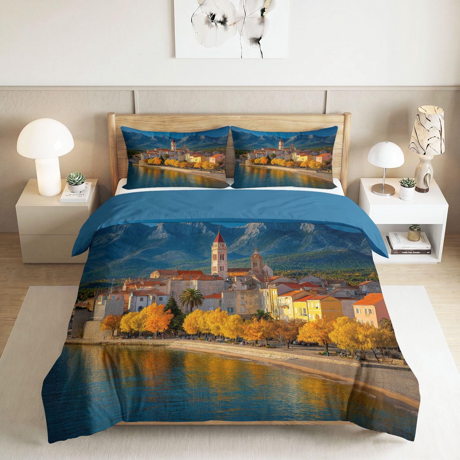 Generisch Bettwäsche Set 3-teilig 200 x 200 cm, Mediterran Vintage Kinderbettwäsche Mikrofaser mit Reißverschluss - Bettbezug Kleinstadt Strand für Jungen Mädchen Hellblau Bettwaren