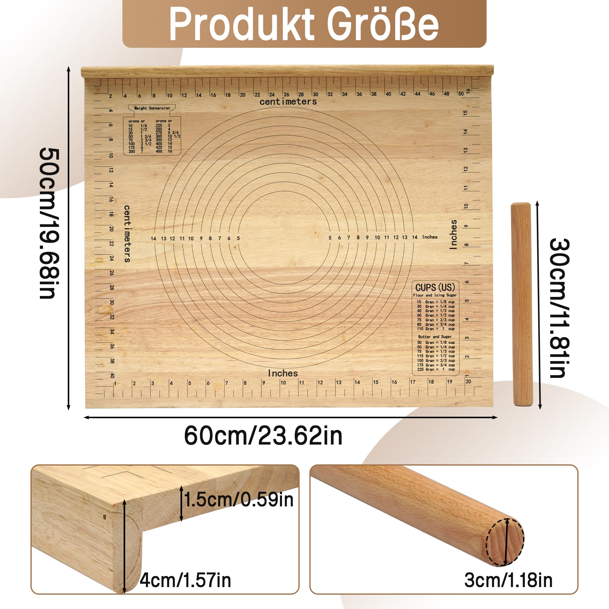 Schneidebrett Holz mit Skalenlinien 50×60cm×1,5cm Brotbretter mit Nudelholz aus Holz Küchenbrett mit Anschlagkante Frühstücksbretter für Arbeitsplatte Küche, Bar, Restaurants