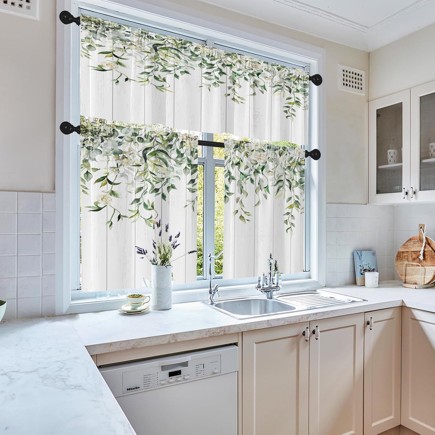 Emvency Eucalyptus Kitchen Window Curtains Valance and Tier Set 36 Inch, Rustic Botanical Sage Green Leaf 3 Piece Window Treatment Tiers Kitchen Decor Country White Wooden Wood Plank Rod Pocket Drapes