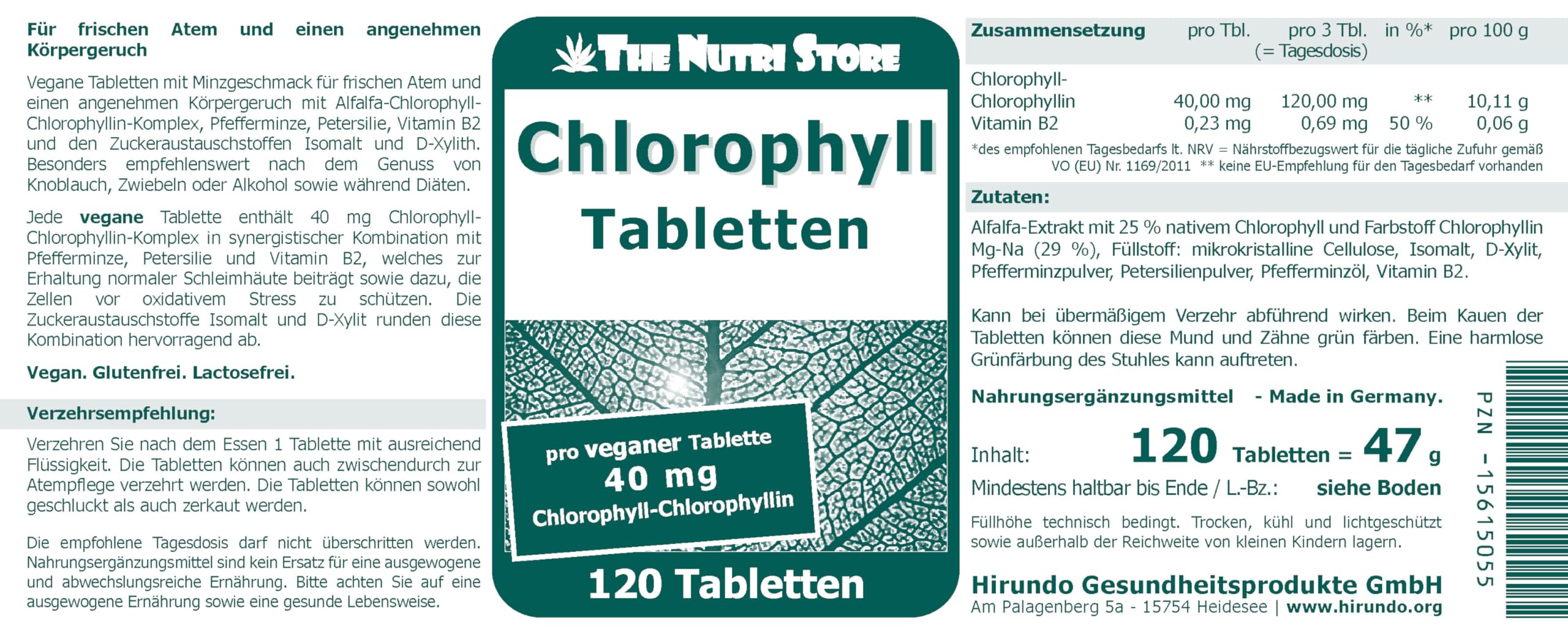 The Nutri Store - Chlorophyll Tabletten vegan - 120 Stück - mit Pfefferminz & Petersilie - 1 Monatsvorrat - Made in Germany