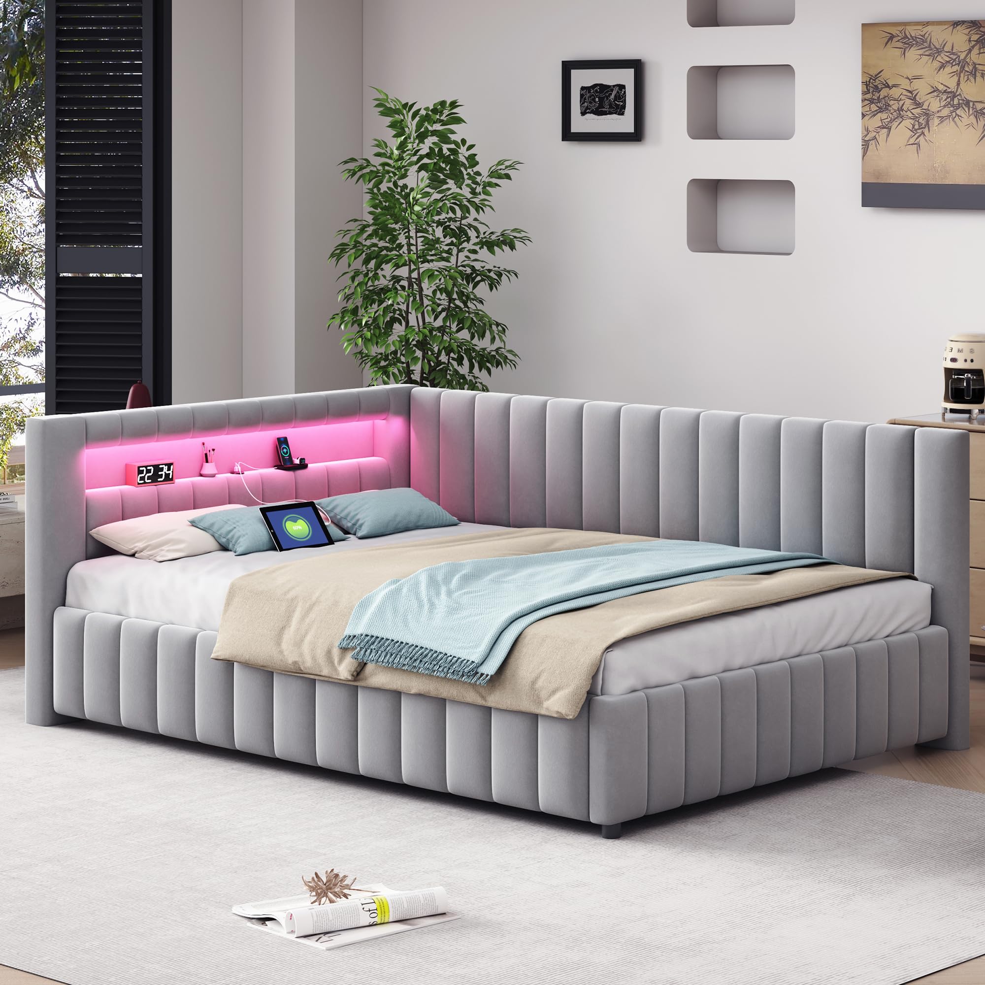 Kayan Polsterbett 140x200 mit LED und USB-Anschluss, Daybett Tagesbett Schlafsofa mit Lattenrost aus Holz, Sofabett Gästebett Jugendbett aus Samtstoff, Ohne Matratze (Grau)