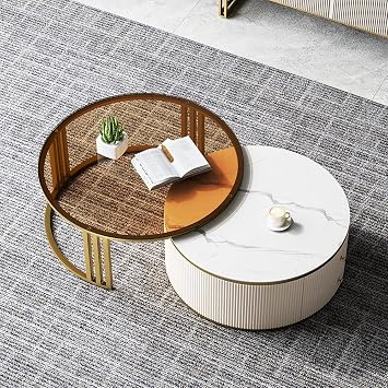 homary Round Nesting Coffee Table, Glossy Ivory, 28-32 Rotating