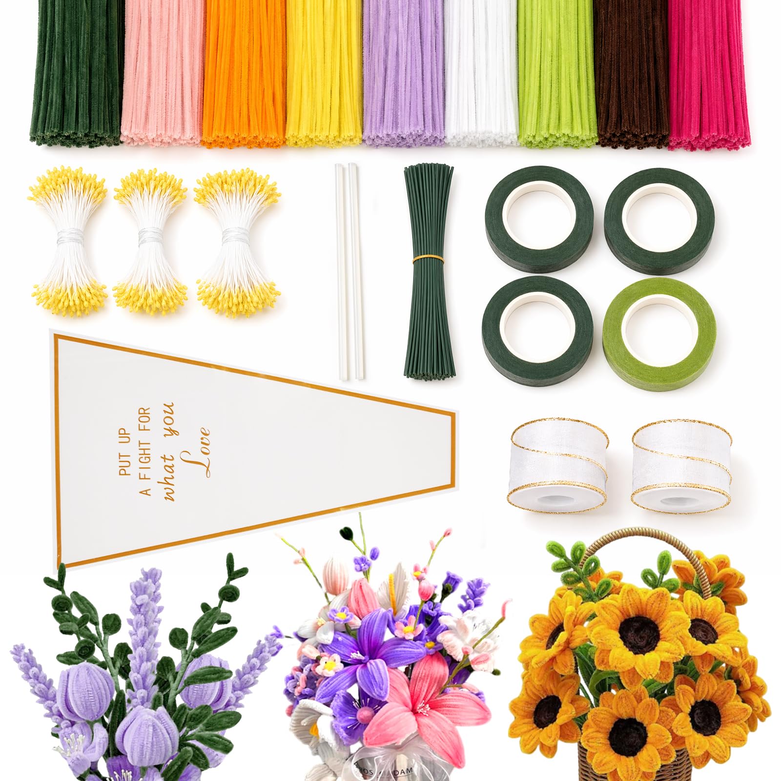CWAGRQ 952PCS Pipe Cleaners Craft Flowers Kit,Premium Wire & Fibre, Multicolour Complete set with floral stems & ribbons,Durable and easy for all ages to make bouquets, perfect for home or party decor