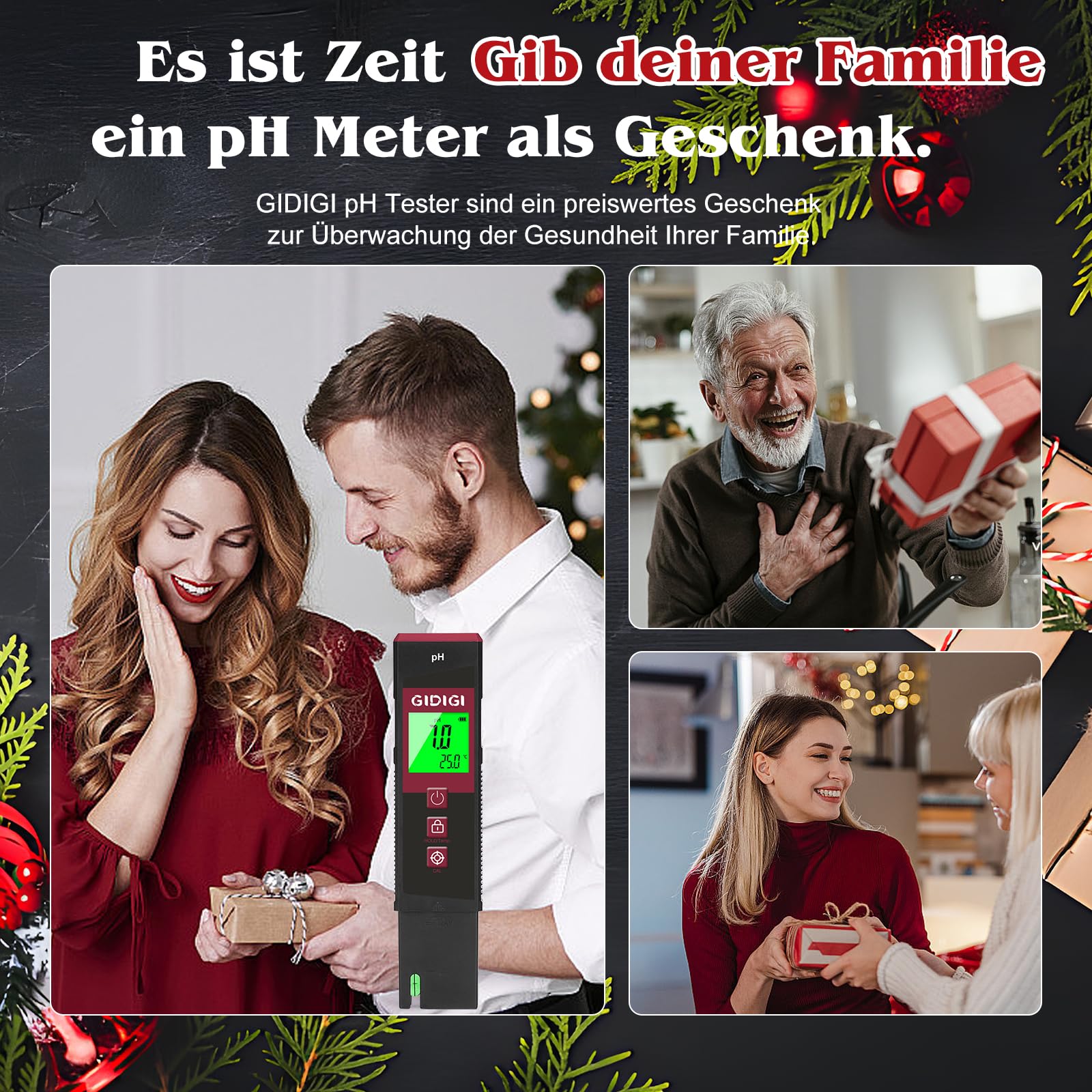 Digitales pH Messgerät für Wasser mit LED, pH-Tester mit Farb-LED-Bildschirm, ATC, für Pool, Hydrokultur, Spa, Aquarium, Trinkwasser