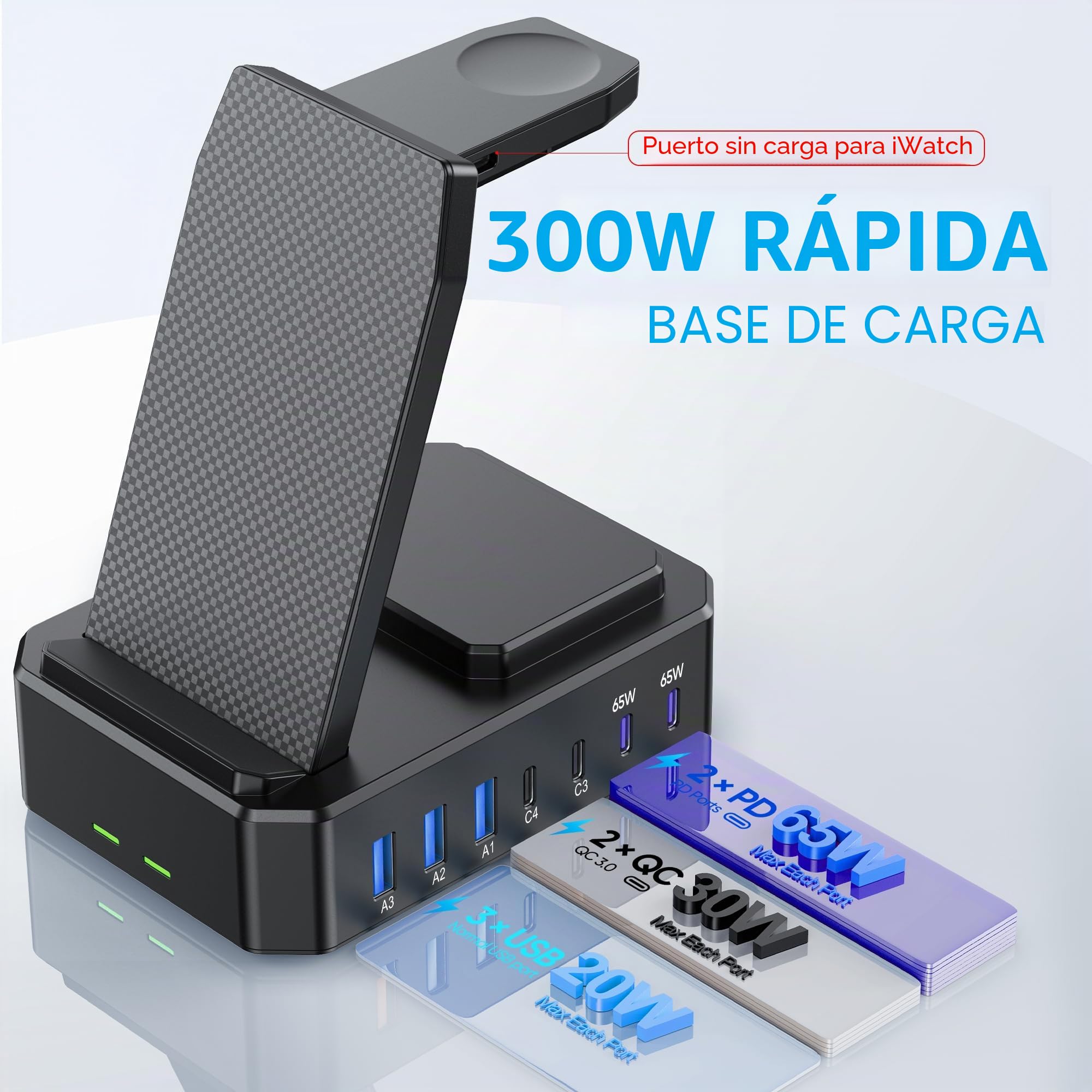 Estación de carga de 300 W para múltiples dispositivos Apple, cargador inalámbrico 10 en 1 para iPhone, GaN III USB C 65W PD base de carga rápida para MacBook, iWatch y Airpods (carga inalámbrica solo