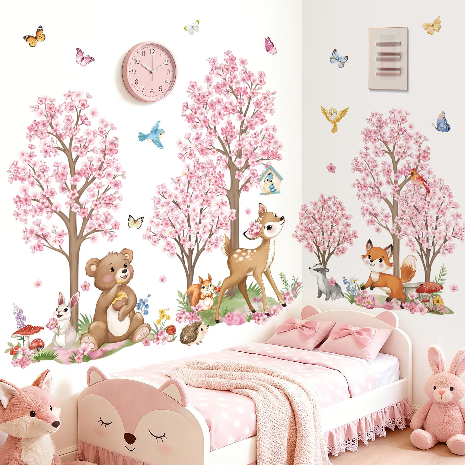 wondever Stickers Muraux Enfants Fille Fleurs de Cerisier Arbre Grand Autocollants Muraux Mural Stickers Foret Animaux Ours Cerf Renard pour Chambre Bébé Fille Pépinière