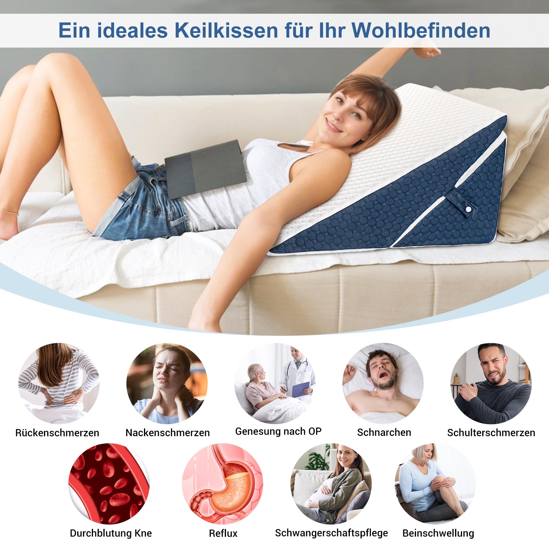Verstellbares Keilkissen, Hochdichteschaum Lesekissen für Bett und Sofa, Ergonomisches Kopfkissen für Reflux Schlafapnoe, Beinkissen-Perfekt Rückenkissen beim Spielen, Lesen oder Fernsehen, Blau