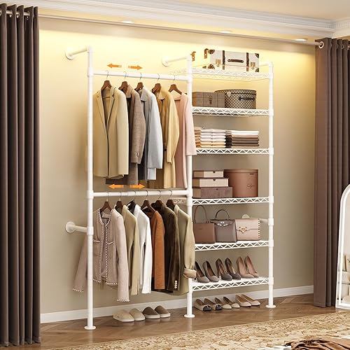 Perchero para colgar en la pared, perchero industrial de metal con 2 varillas expandibles para colgar y 6 estantes, organizadores de armario y