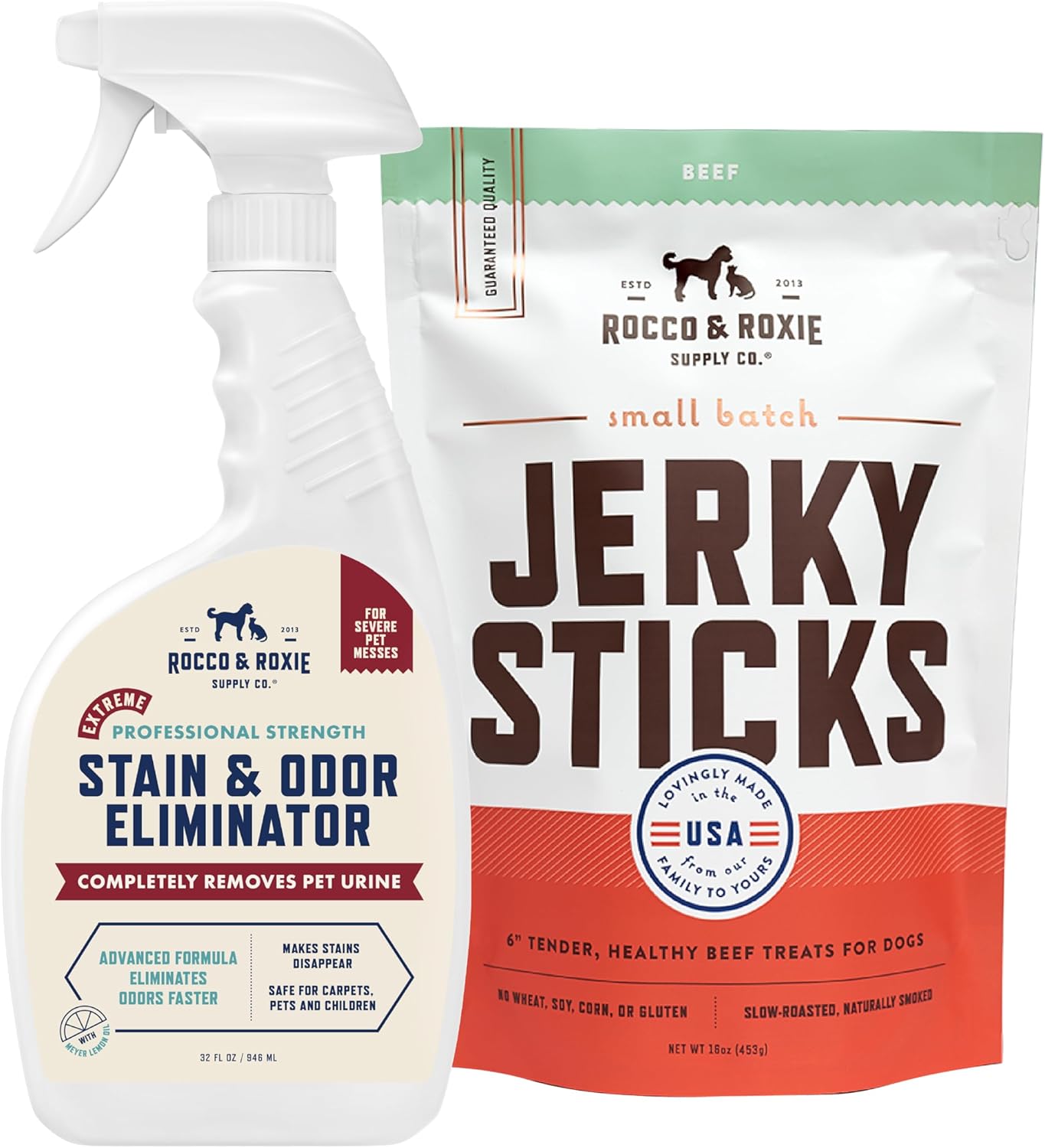 Rocco Roxie Pet Extreme Stain Odor Eliminator Beef Jerky Stick Treats Bundle