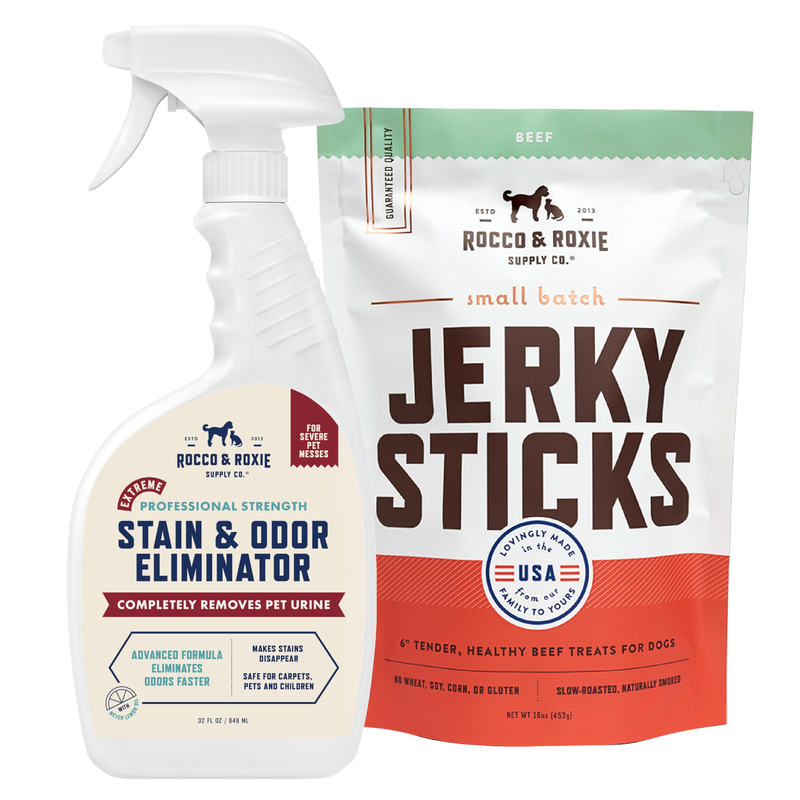 Rocco & Roxie Pet Extreme Stain & Odor Eliminator & Beef Jerky Stick Treats Bundle