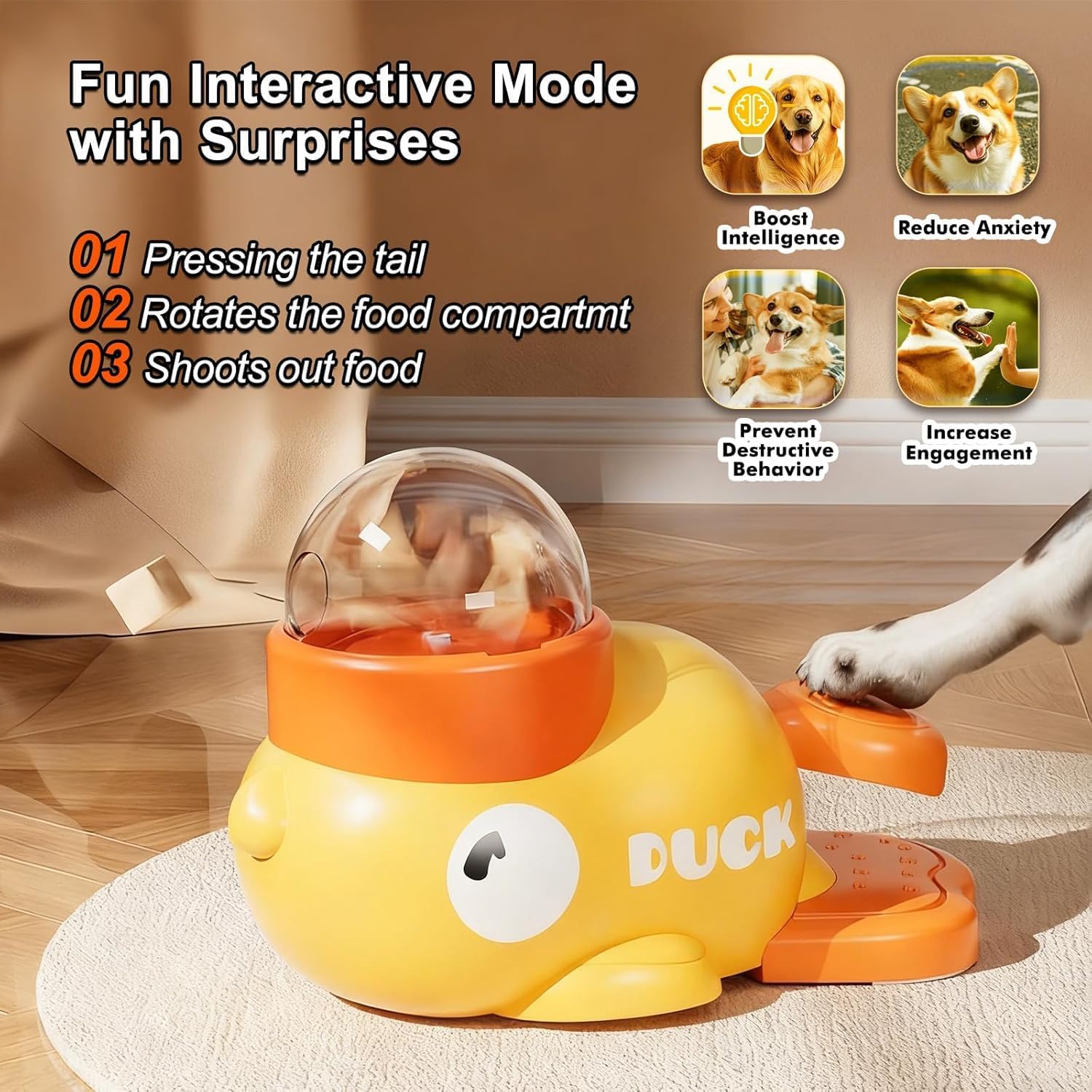 Interactive Dog Toy and Slow Feeder Puzzle, Duck Shape Adjustable Food Dispenser for Brain Training & Mental Stimulation, IQ Enrichment Toy for Small Medium Large Dogs and Cats