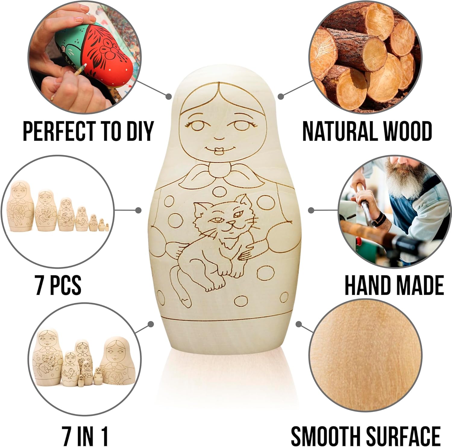 AEVVV Blank Russian Nesting Dolls to Paint Set 7 pcs - Wooden Crafts to Paint Your Own Matryoshka - Unfinished Wood Crafts - Blank Nesting Dolls Unpainted