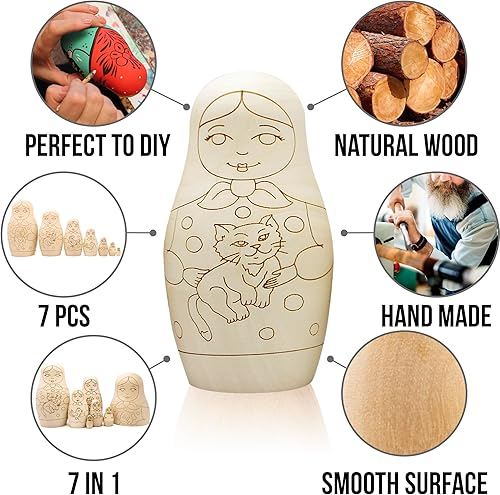 Miniatura 4 de AEVVV Juego de 7 muñecas rusas en blanco para pintar - Artesanías de madera para pintar tu propio Matryoshka - Artesanías de madera sin terminar -